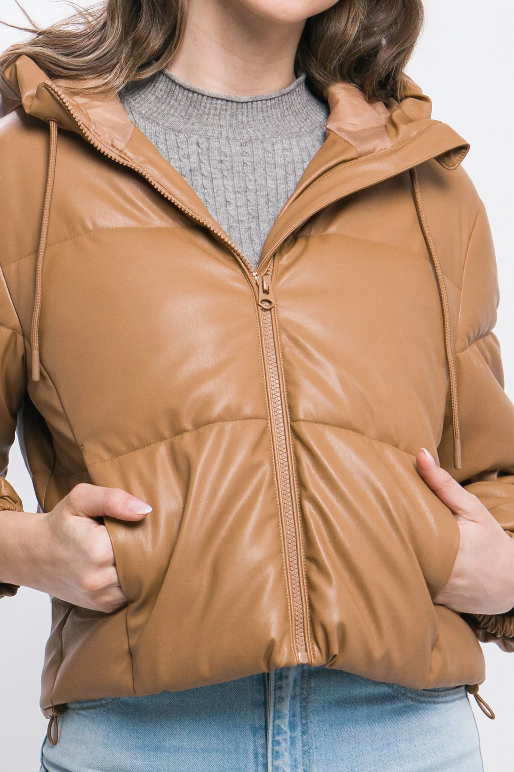 Pu Faux Leather Zipper Hooded Women's Puffer Jacket - 5 colors