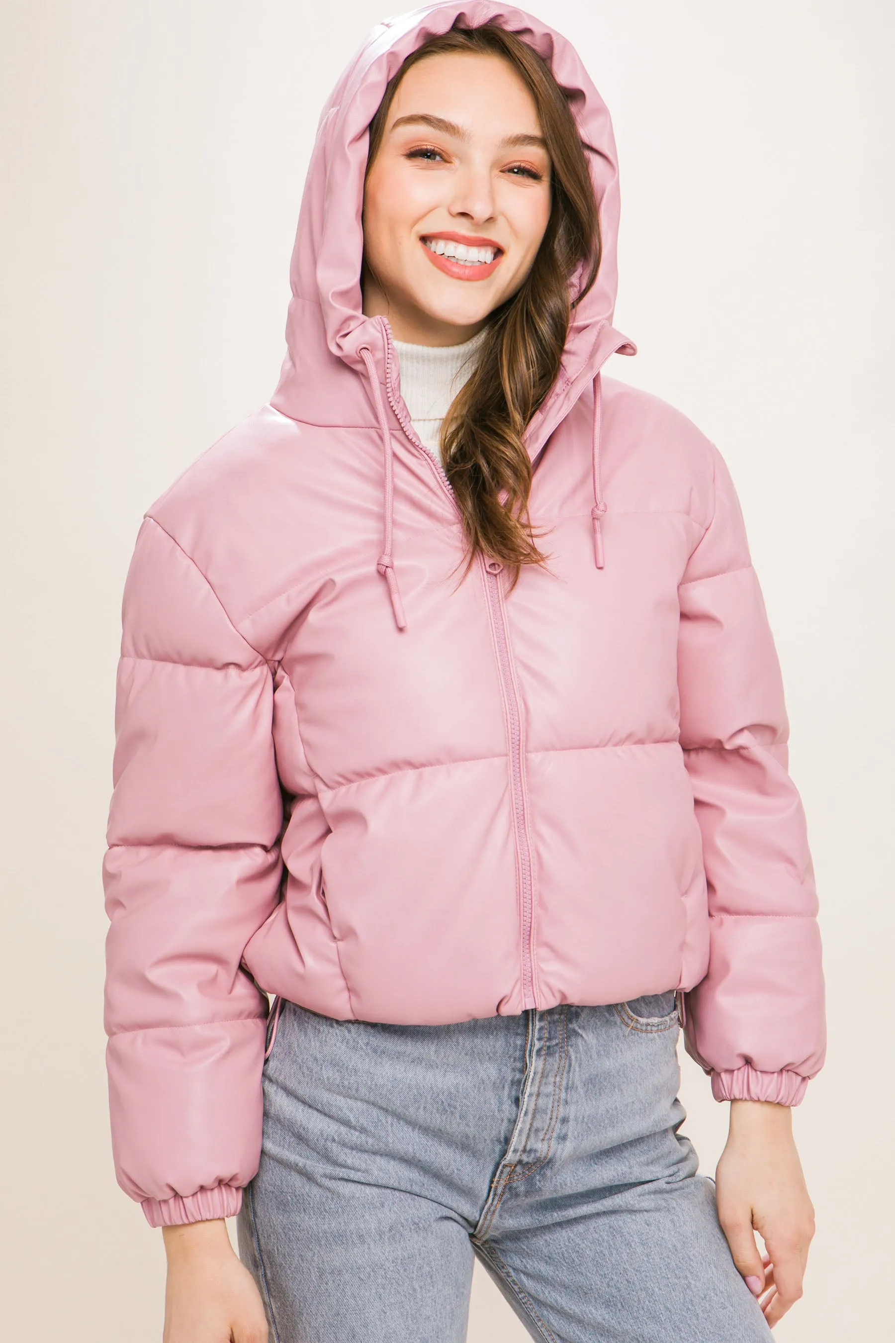 Pu Faux Leather Zipper Hooded Women's Puffer Jacket - 5 colors