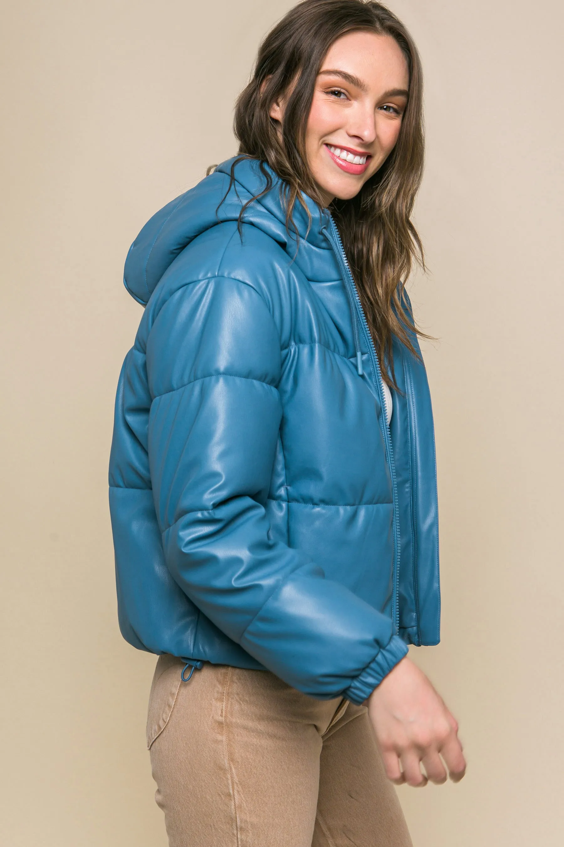 Pu Faux Leather Zipper Hooded Women's Puffer Jacket - 5 colors