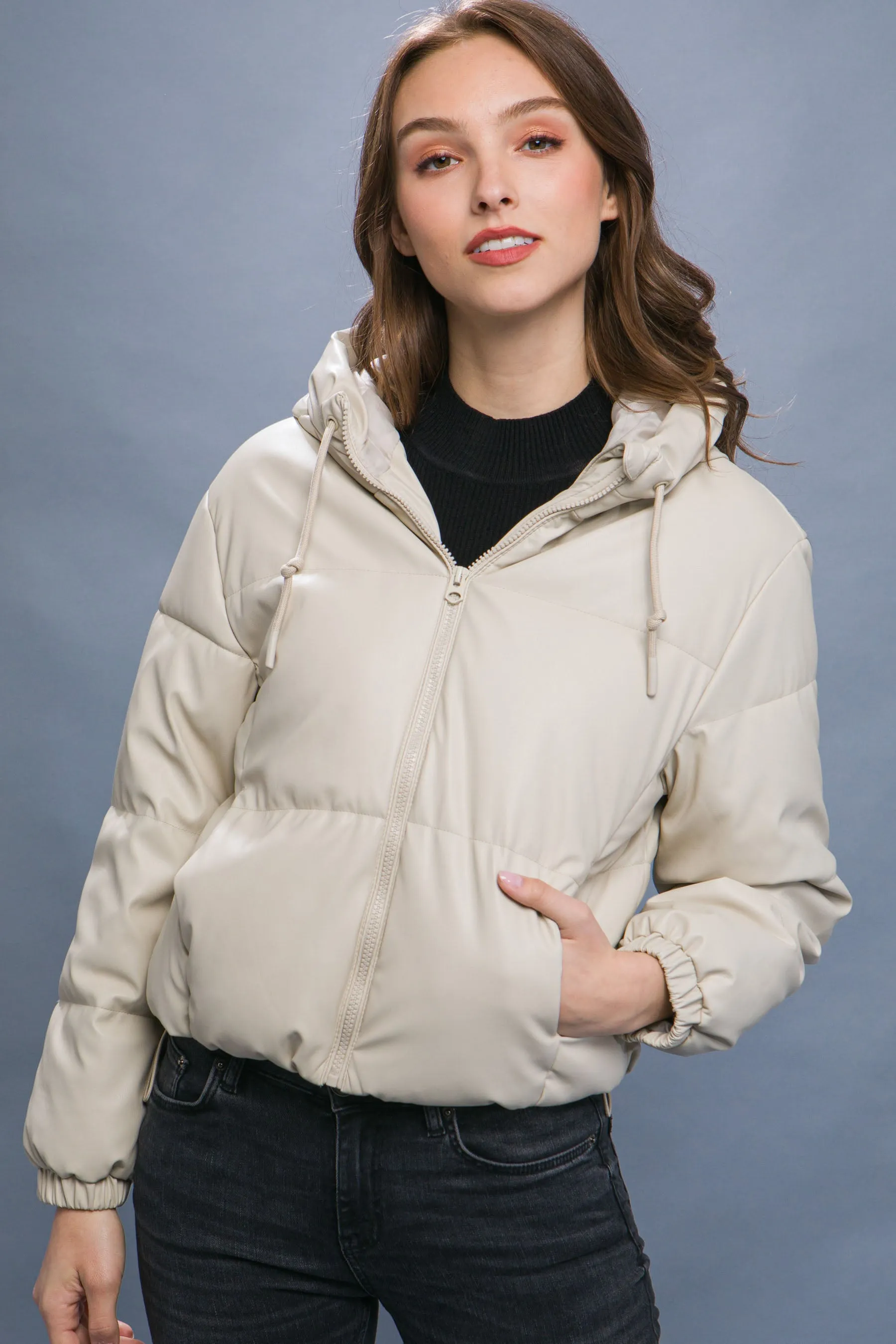 Pu Faux Leather Zipper Hooded Women's Puffer Jacket - 5 colors