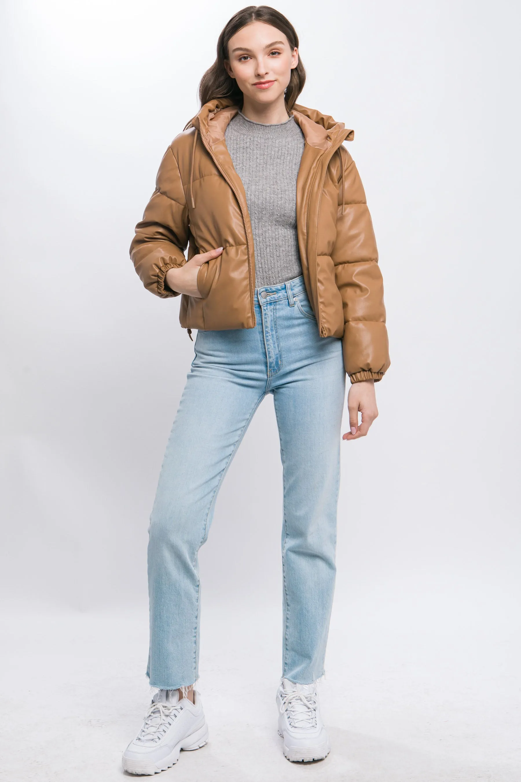 Pu Faux Leather Zipper Hooded Women's Puffer Jacket - 5 colors
