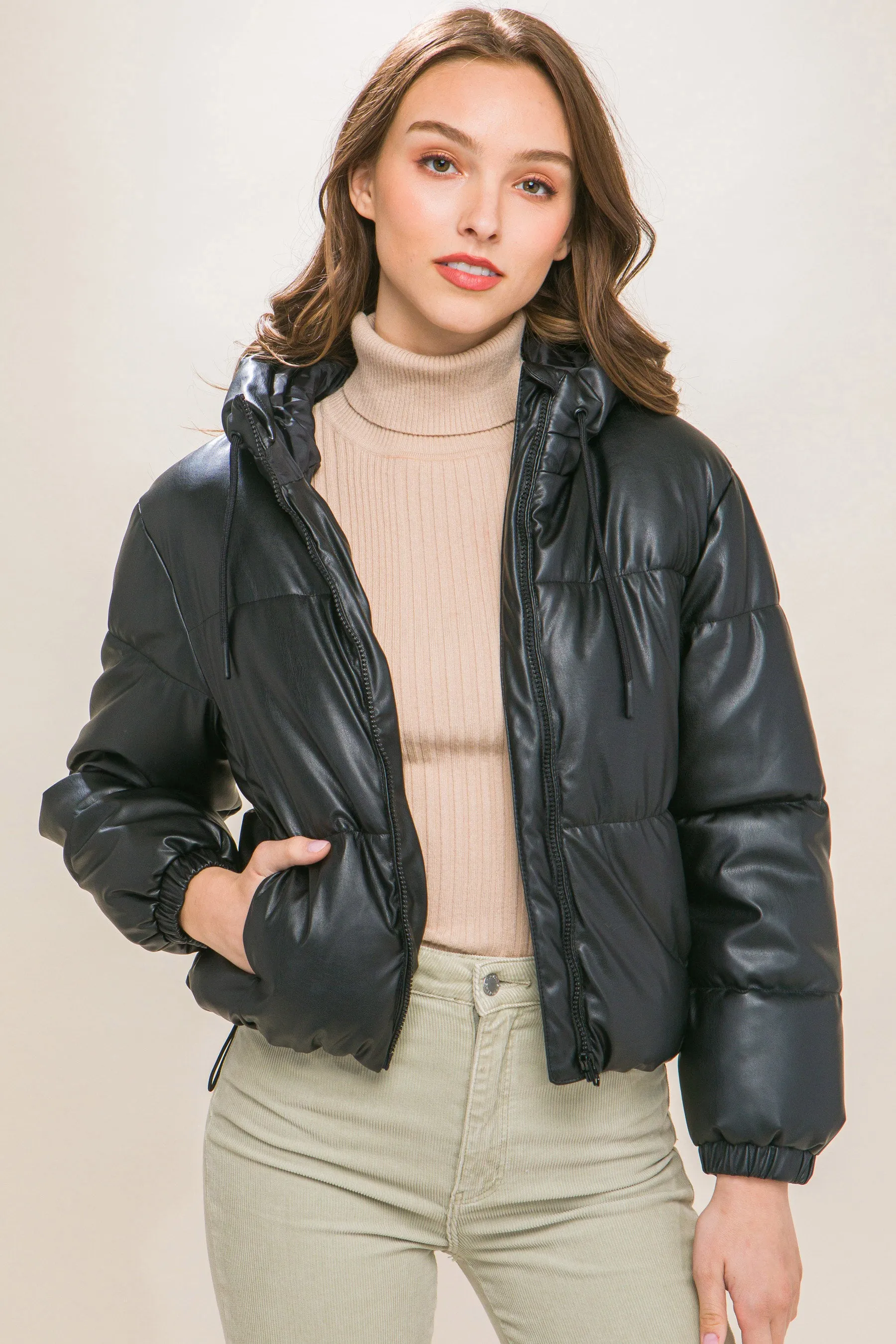 Pu Faux Leather Zipper Hooded Women's Puffer Jacket - 5 colors