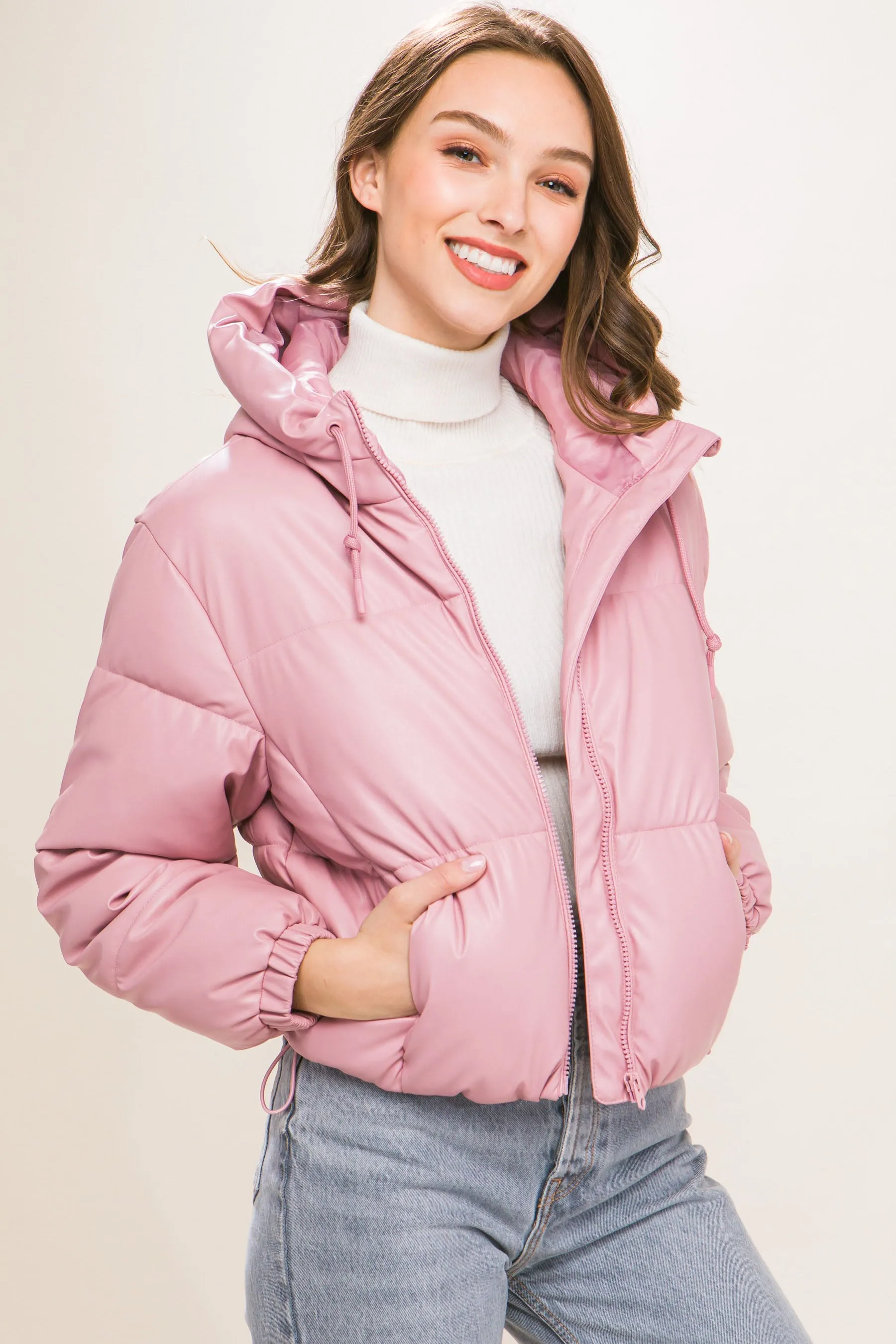 Pu Faux Leather Zipper Hooded Women's Puffer Jacket - 5 colors