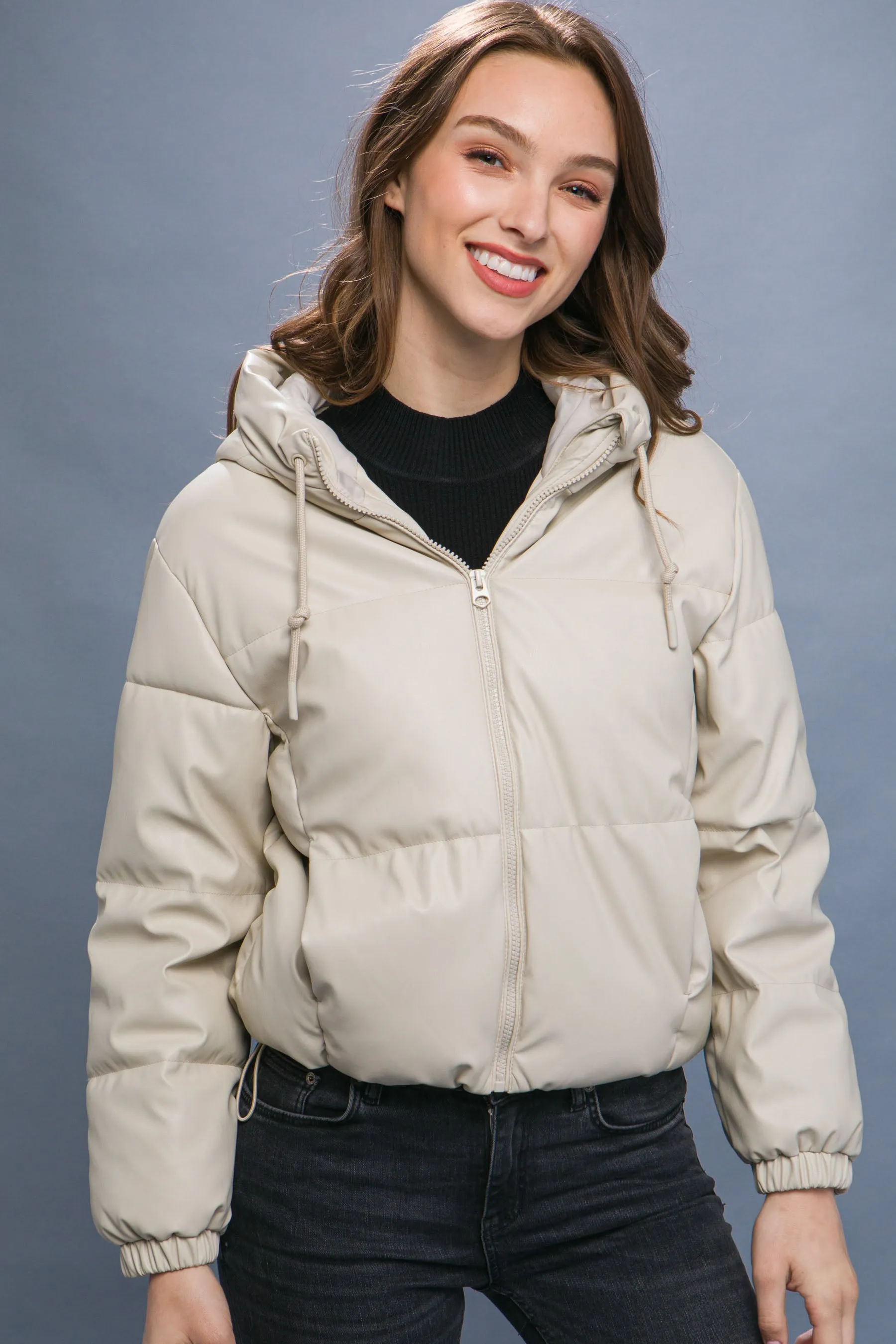 Pu Faux Leather Zipper Hooded Women's Puffer Jacket - 5 colors