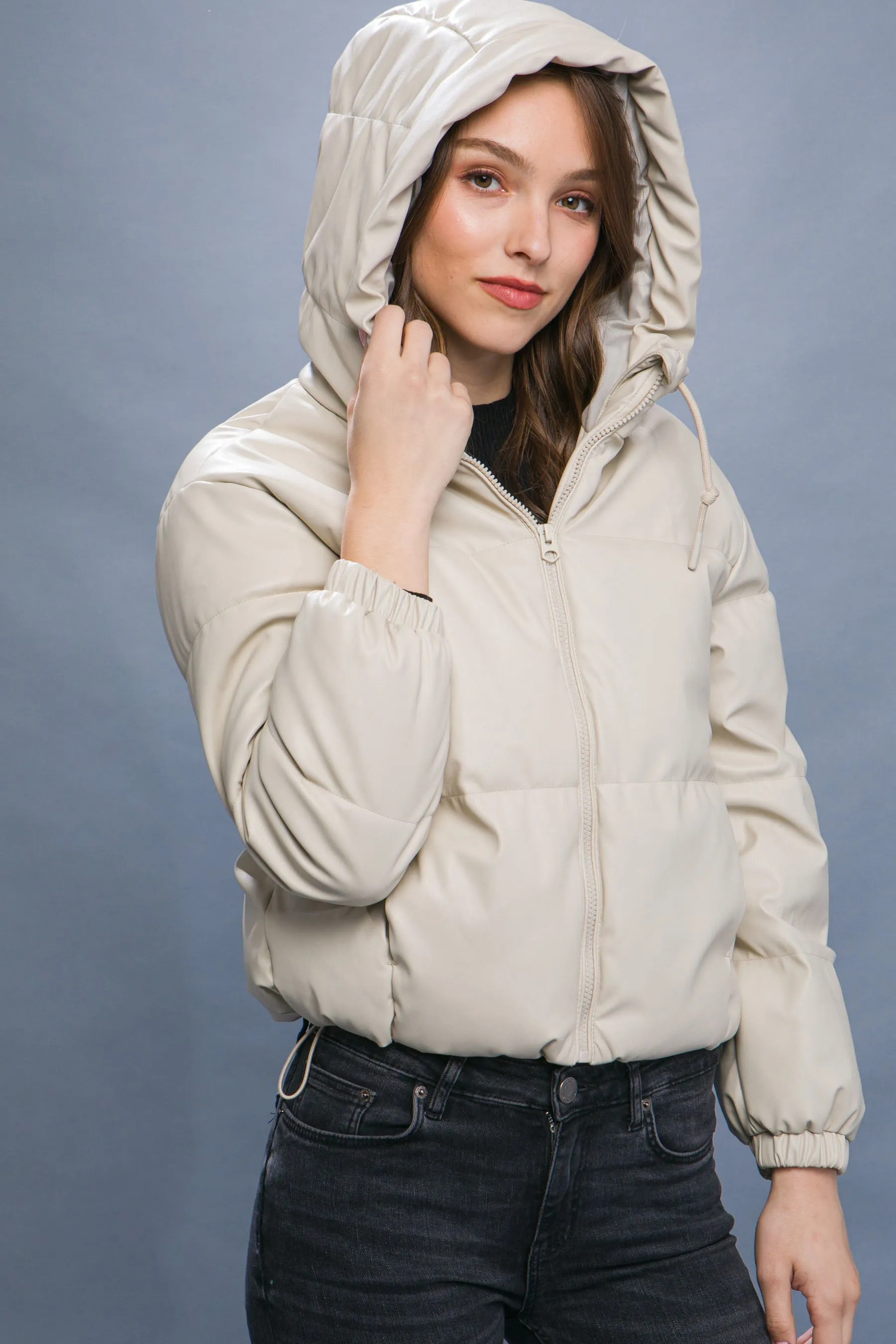 Pu Faux Leather Zipper Hooded Women's Puffer Jacket - 5 colors