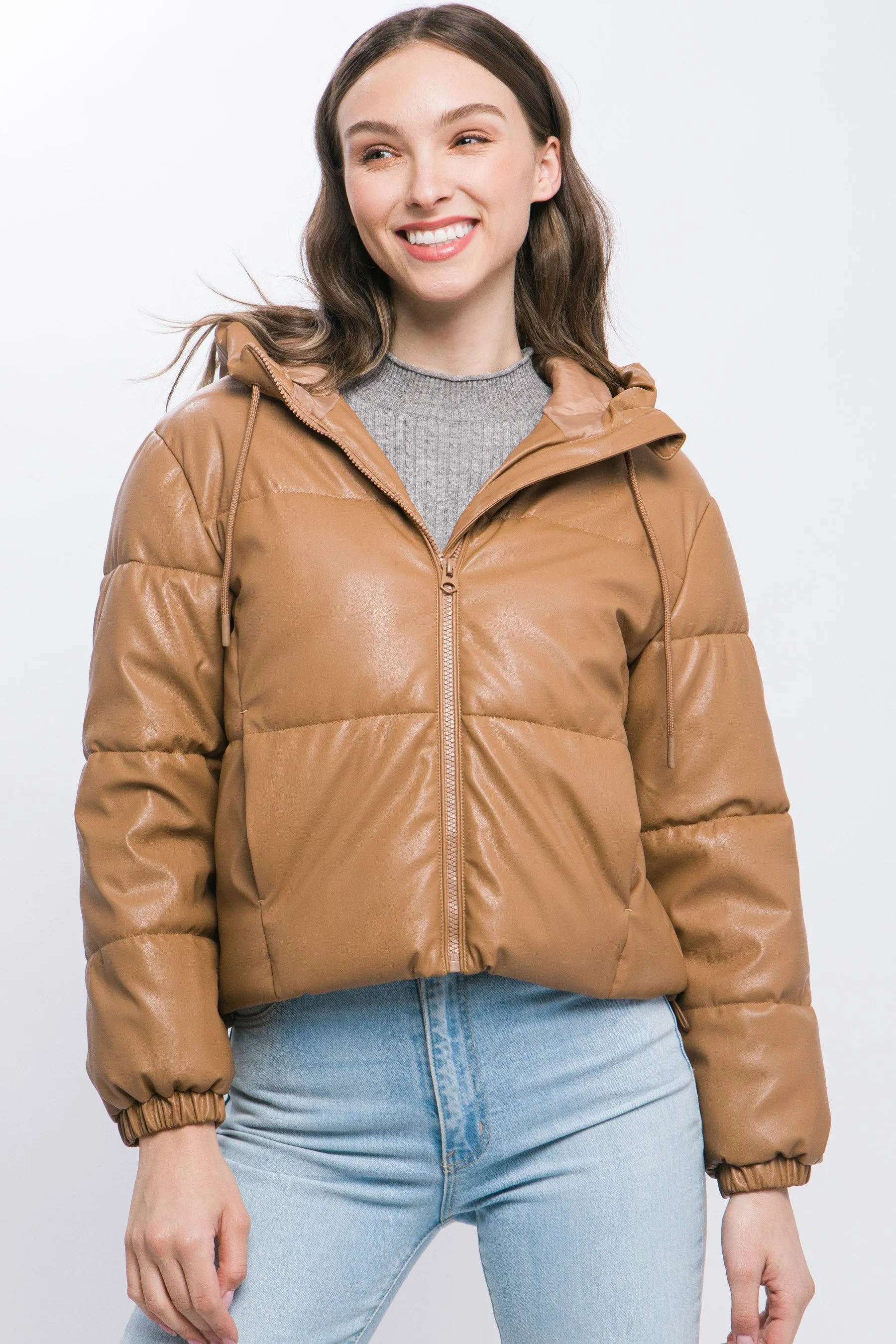 Pu Faux Leather Zipper Hooded Women's Puffer Jacket - 5 colors