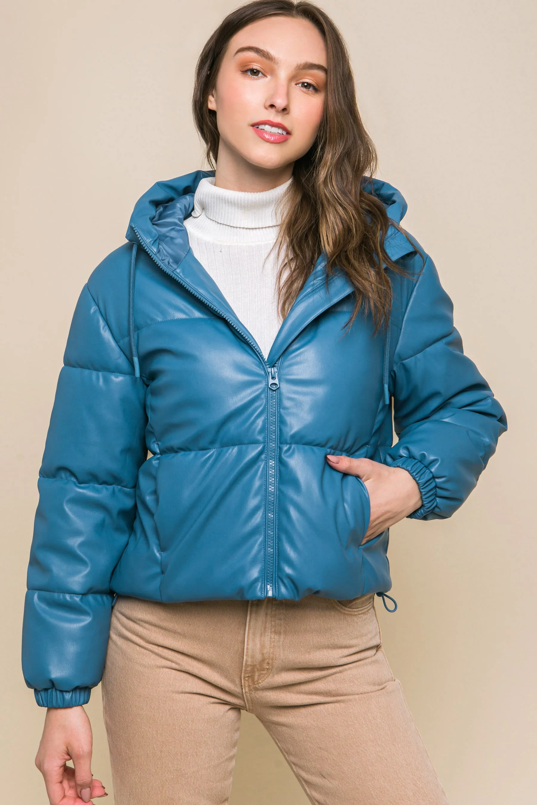 Pu Faux Leather Zipper Hooded Women's Puffer Jacket - 5 colors