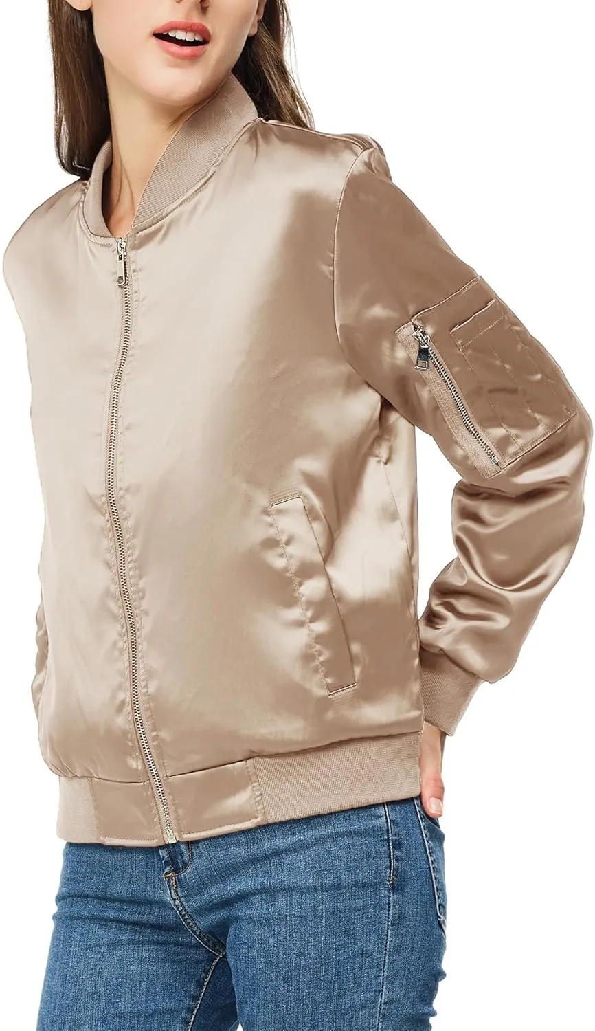 Satin Bomber Jacket Women Casual Fall Varsity Jackets Zip Up Outerwear Windbreaker with Pockets