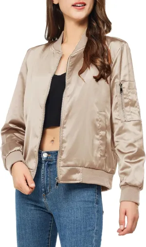 Satin Bomber Jacket Women Casual Fall Varsity Jackets Zip Up Outerwear Windbreaker with Pockets