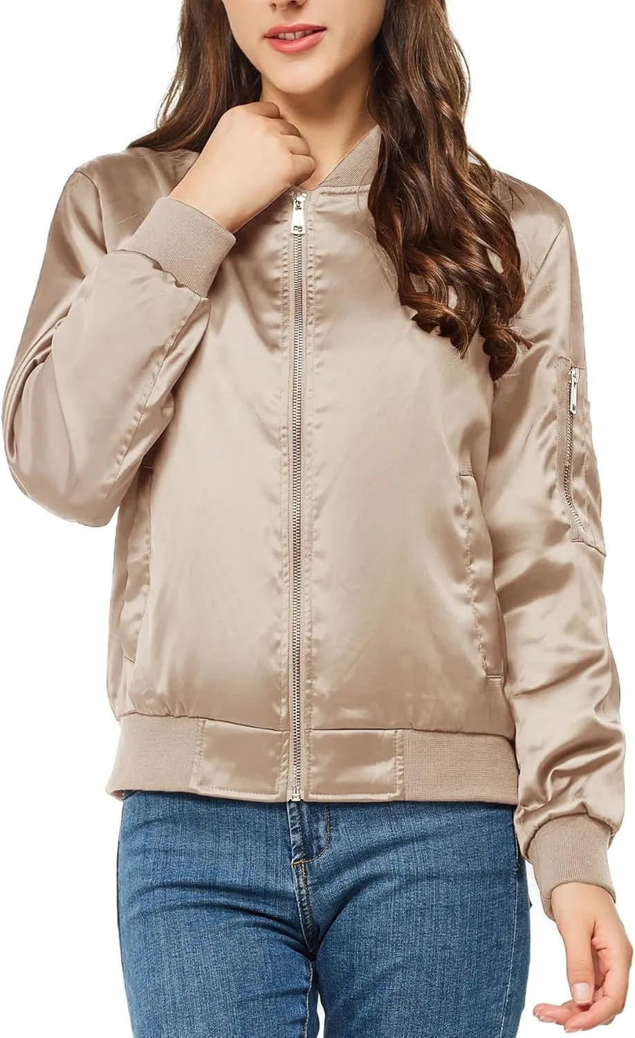 Satin Bomber Jacket Women Casual Fall Varsity Jackets Zip Up Outerwear Windbreaker with Pockets