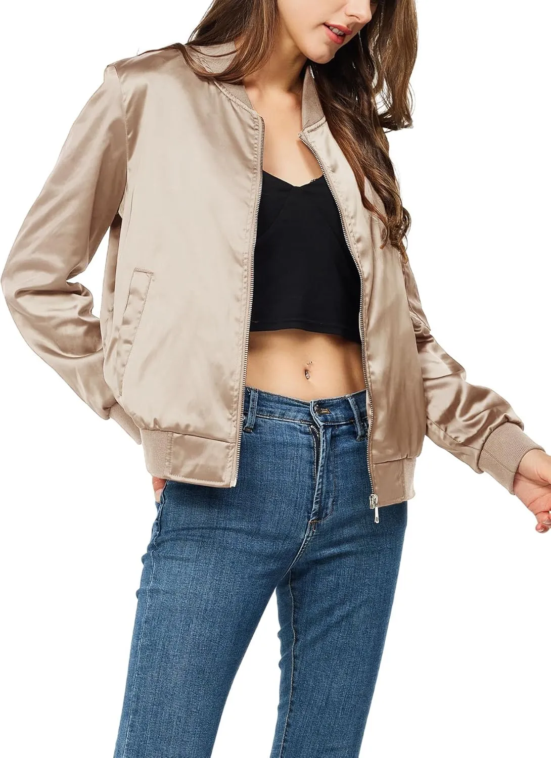 Satin Bomber Jacket Women Casual Fall Varsity Jackets Zip Up Outerwear Windbreaker with Pockets