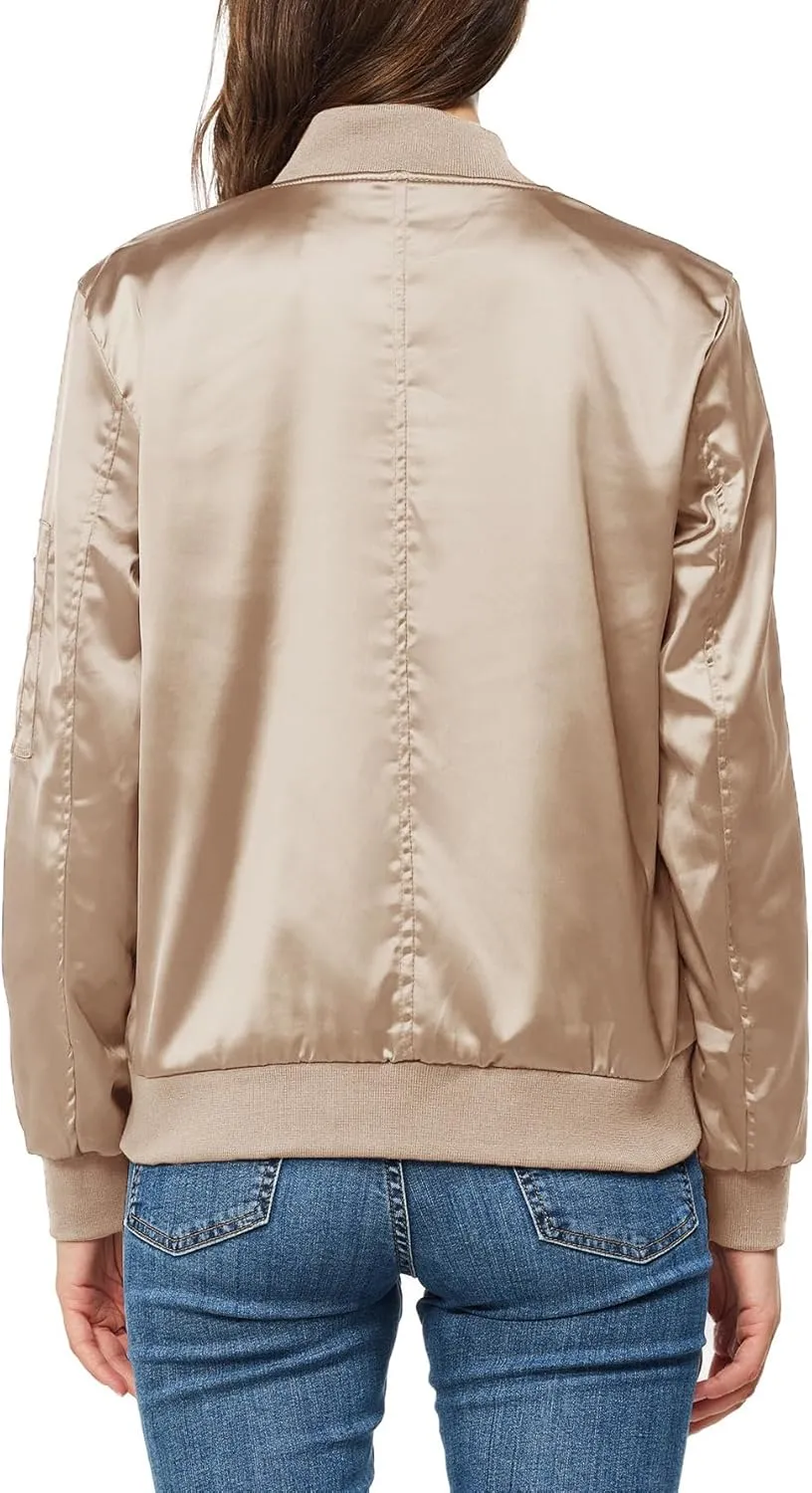 Satin Bomber Jacket Women Casual Fall Varsity Jackets Zip Up Outerwear Windbreaker with Pockets