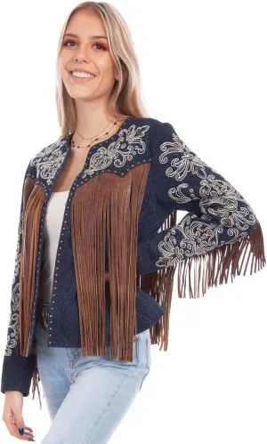 Scully Womens Denim Leather Beaded Fringe Jacket