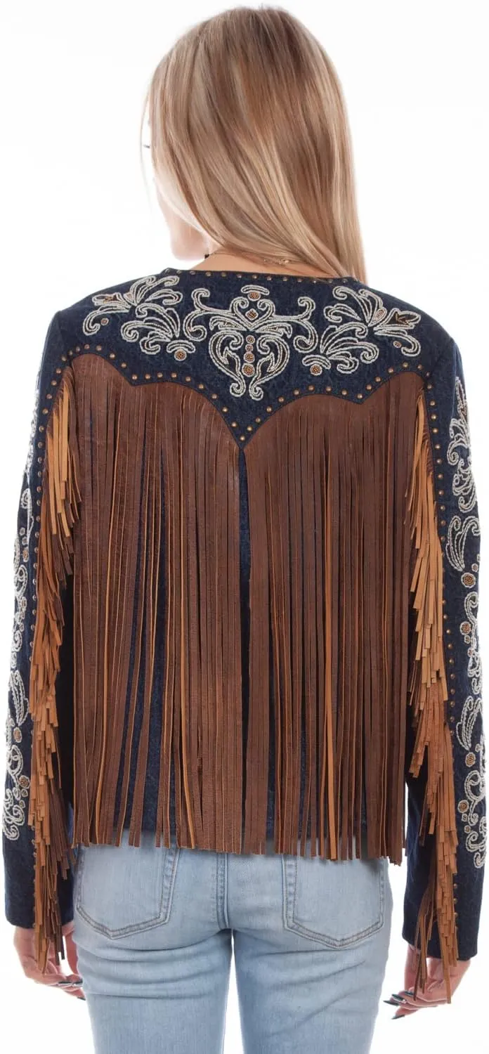 Scully Womens Denim Leather Beaded Fringe Jacket