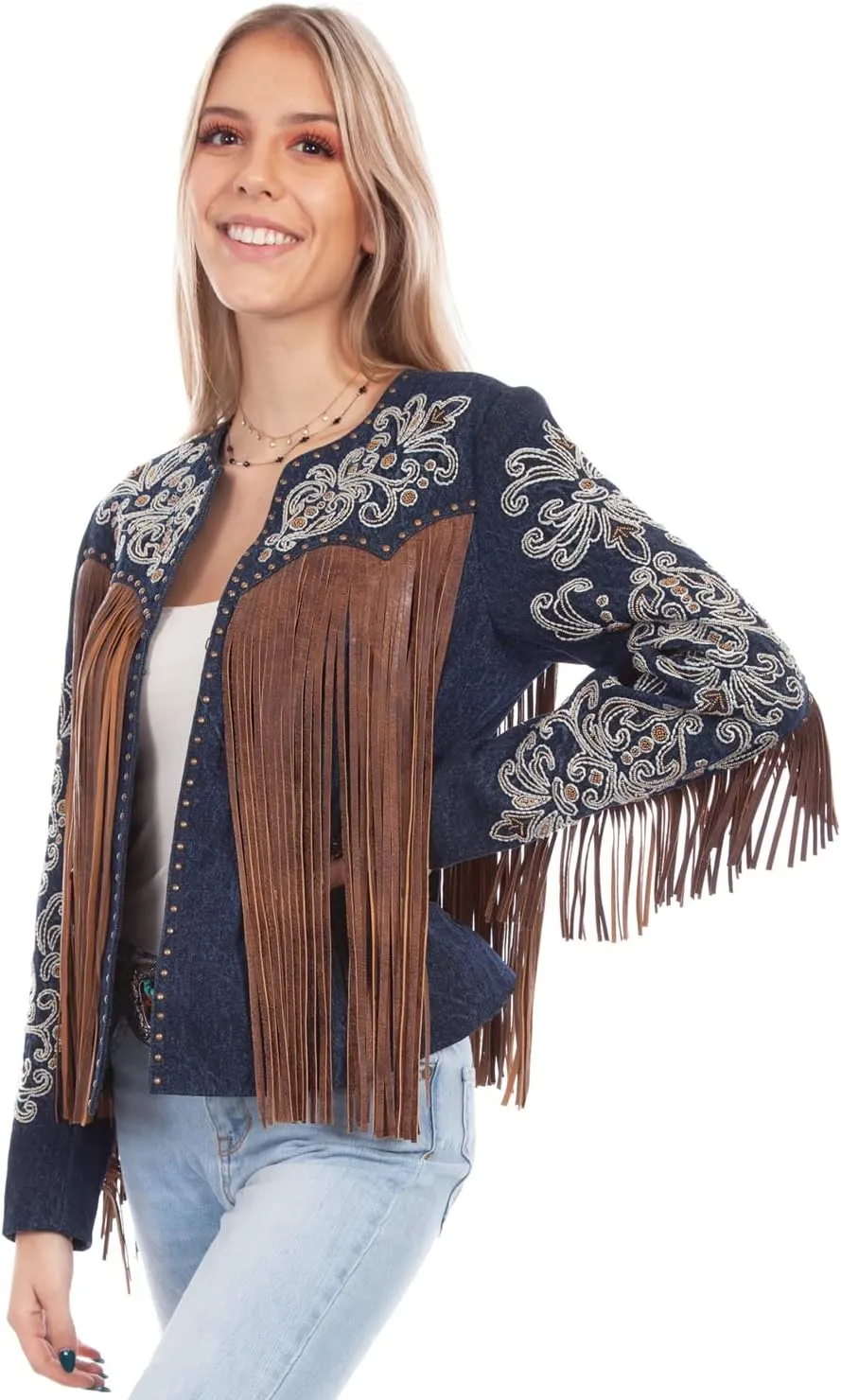 Scully Womens Denim Leather Beaded Fringe Jacket