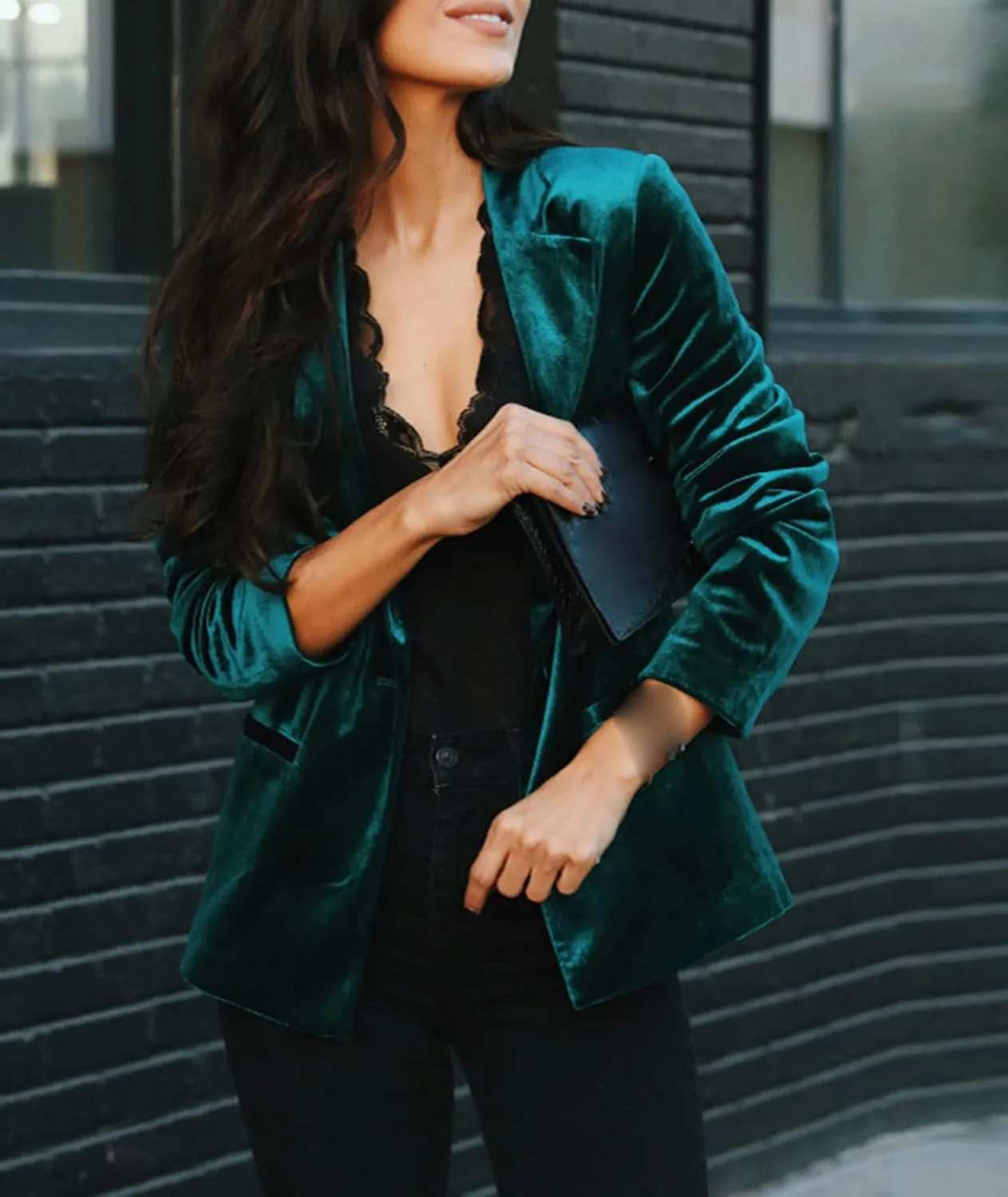 SEMATOMALA Women's Solid Long Sleeve Velvet Blazer Jacket Suit Open Front Cardigan Coat with Pockets Outerwear