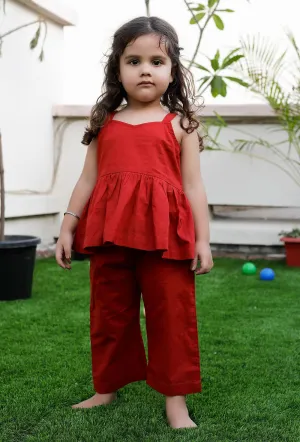 Set Of 2: Dora Red Cotton Top And Red Pant