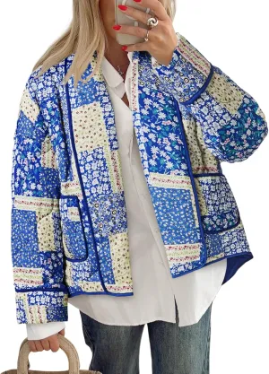 Tankaneo Womens Floral Patchwork Quilted Jacket Lightweight Cropped Open Front Puffer Coat Fall Oversized Short Outerwear