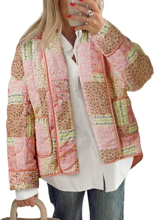 Tankaneo Womens Floral Patchwork Quilted Jacket Lightweight Cropped Open Front Puffer Coat Fall Oversized Short Outerwear