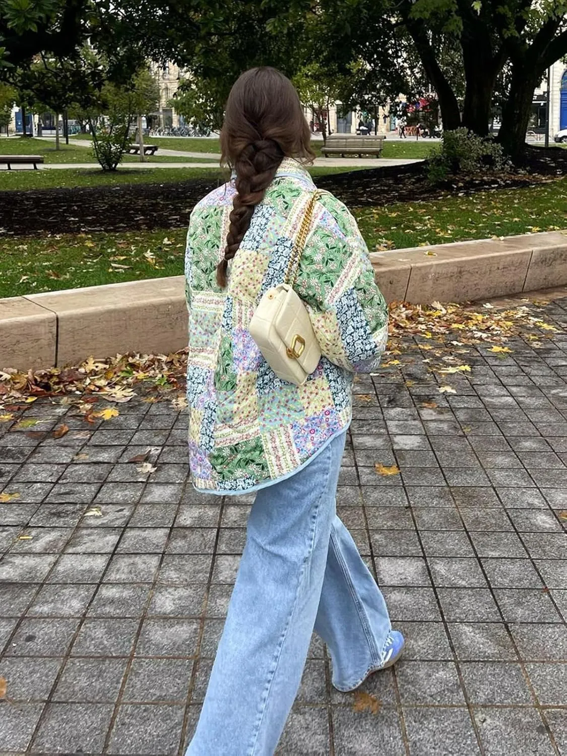 Tankaneo Womens Floral Patchwork Quilted Jacket Lightweight Cropped Open Front Puffer Coat Fall Oversized Short Outerwear