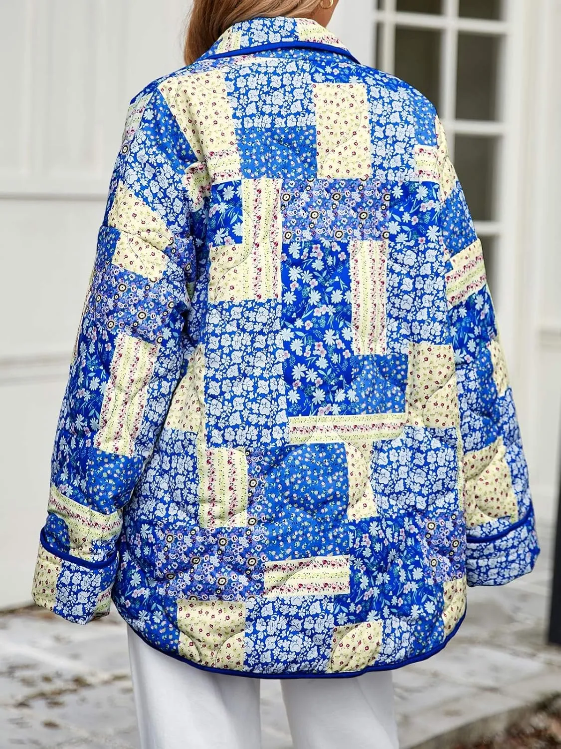 Tankaneo Womens Floral Patchwork Quilted Jacket Lightweight Cropped Open Front Puffer Coat Fall Oversized Short Outerwear