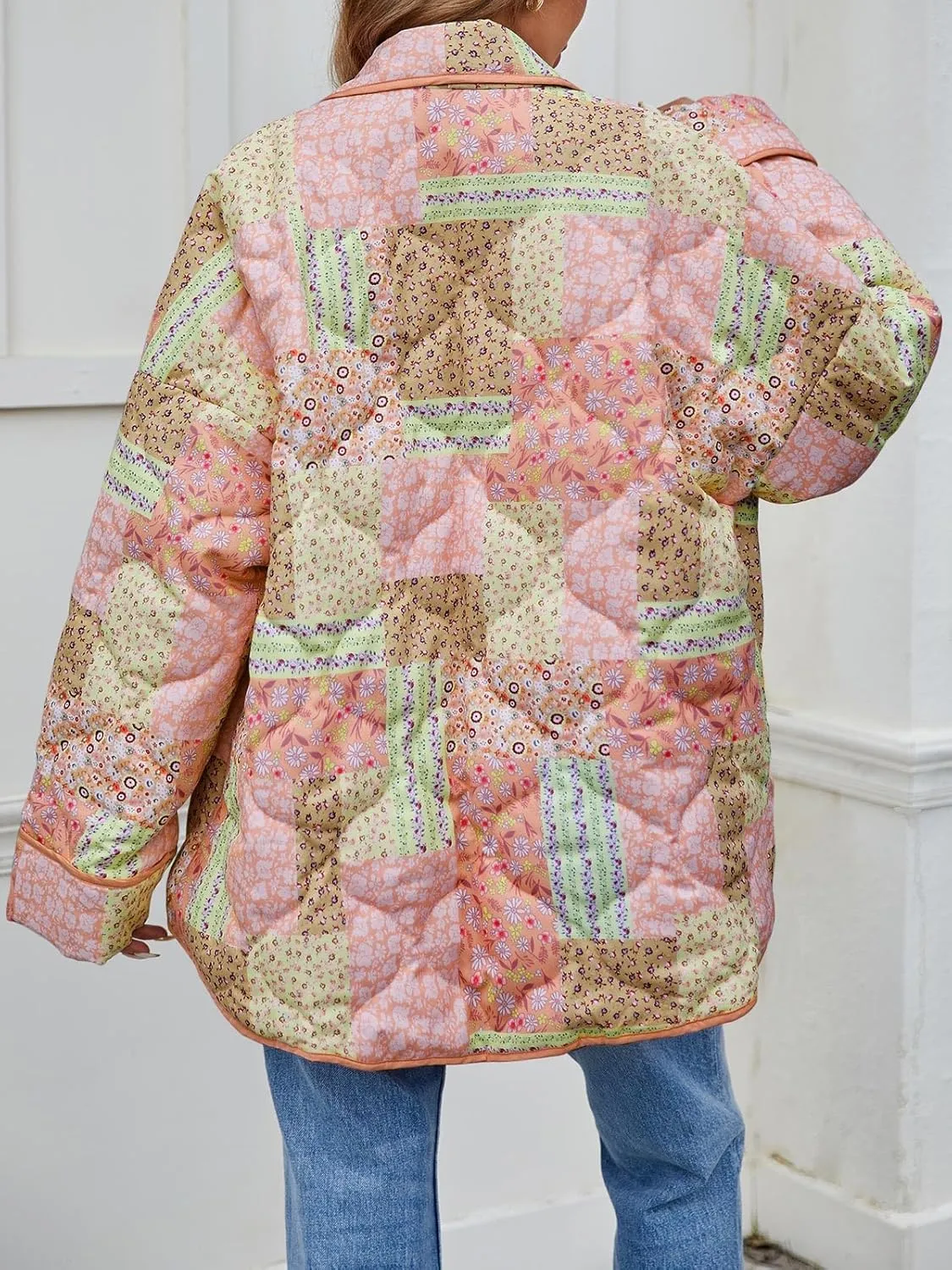 Tankaneo Womens Floral Patchwork Quilted Jacket Lightweight Cropped Open Front Puffer Coat Fall Oversized Short Outerwear