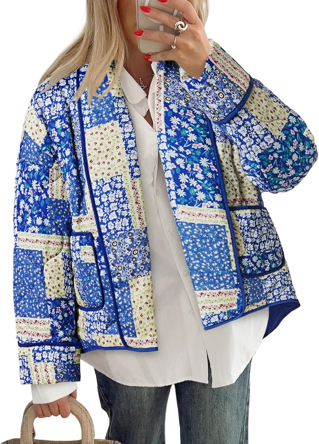 Tankaneo Womens Floral Patchwork Quilted Jacket Lightweight Cropped Open Front Puffer Coat Fall Oversized Short Outerwear