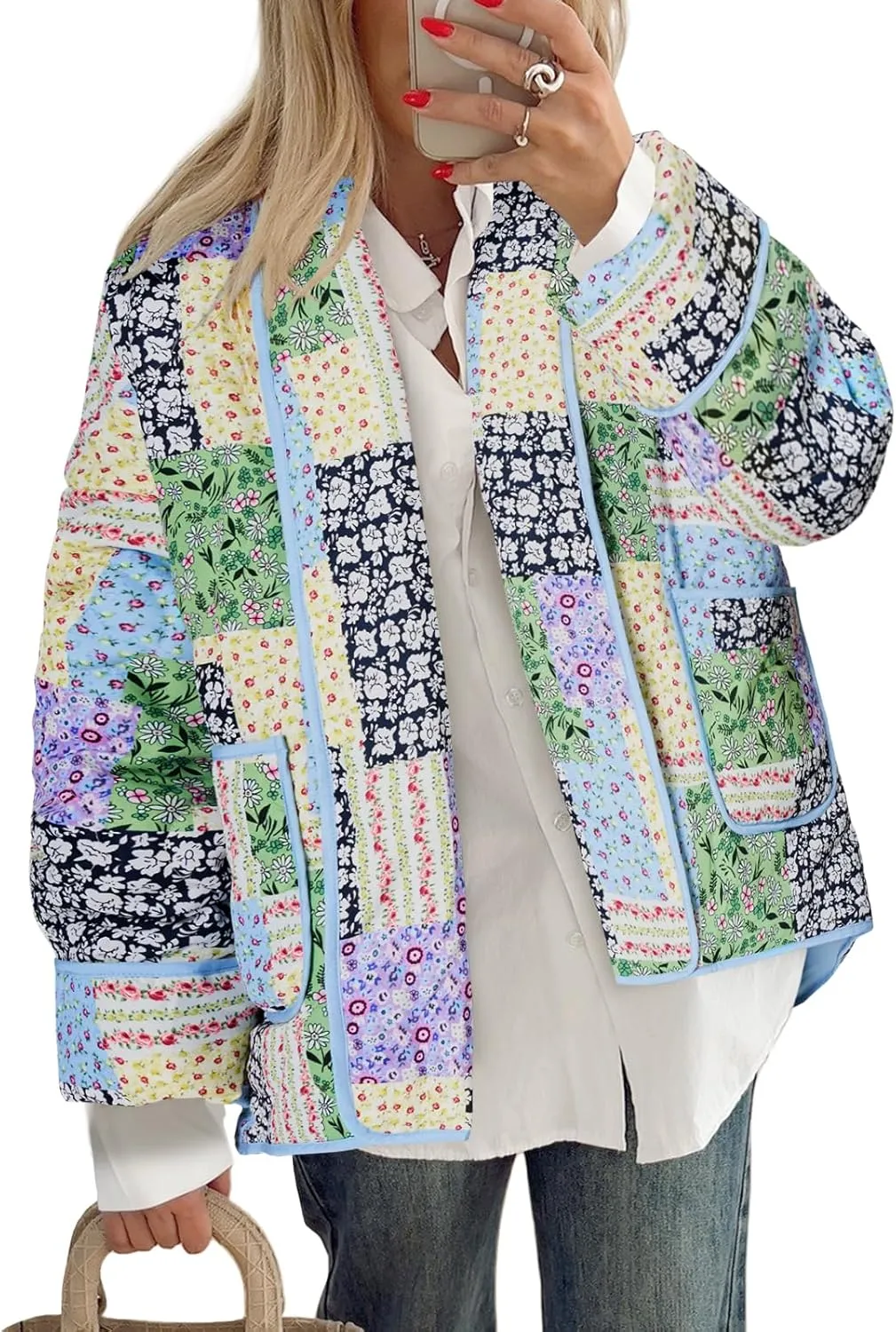 Tankaneo Womens Floral Patchwork Quilted Jacket Lightweight Cropped Open Front Puffer Coat Fall Oversized Short Outerwear