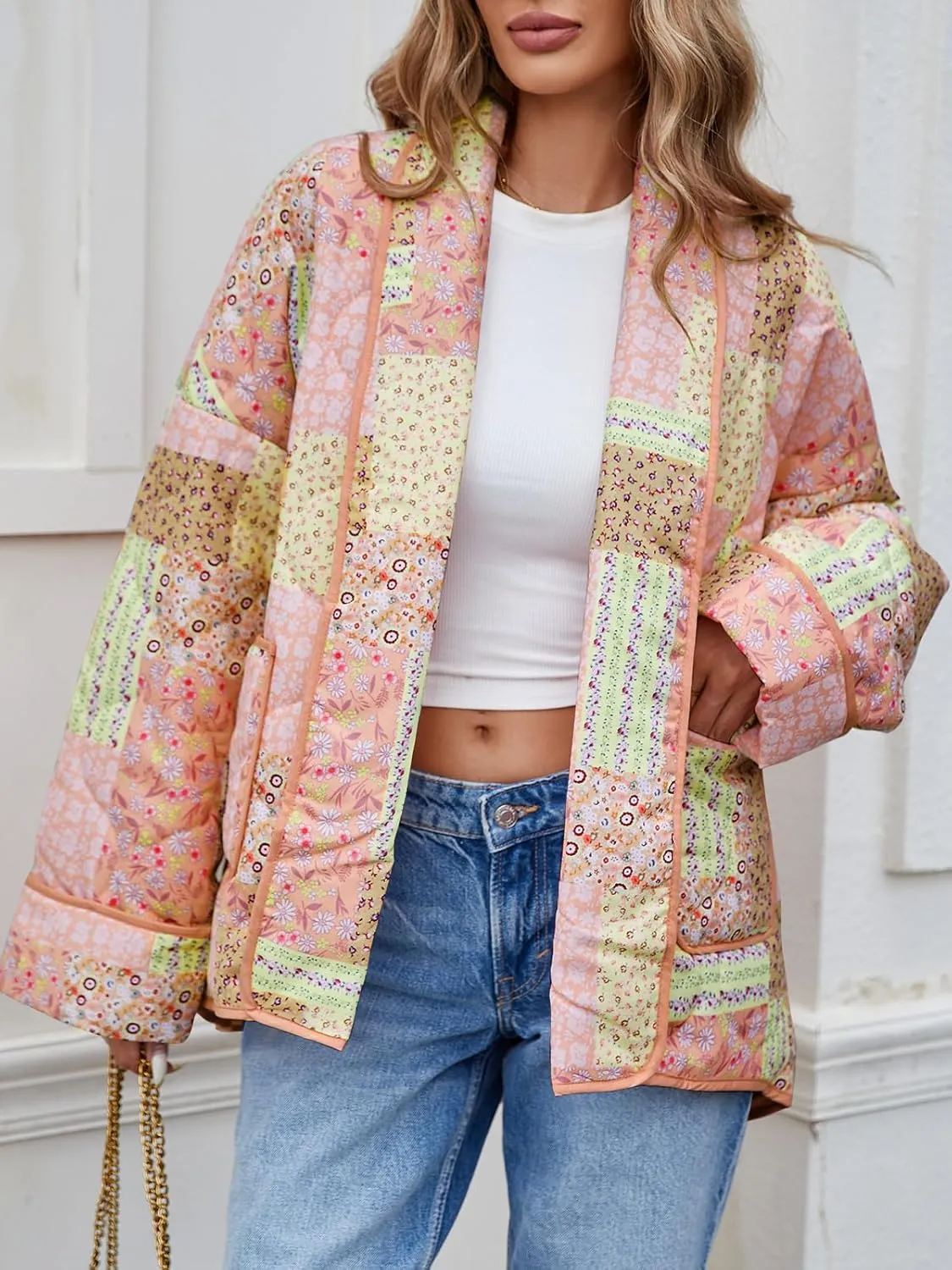 Tankaneo Womens Floral Patchwork Quilted Jacket Lightweight Cropped Open Front Puffer Coat Fall Oversized Short Outerwear
