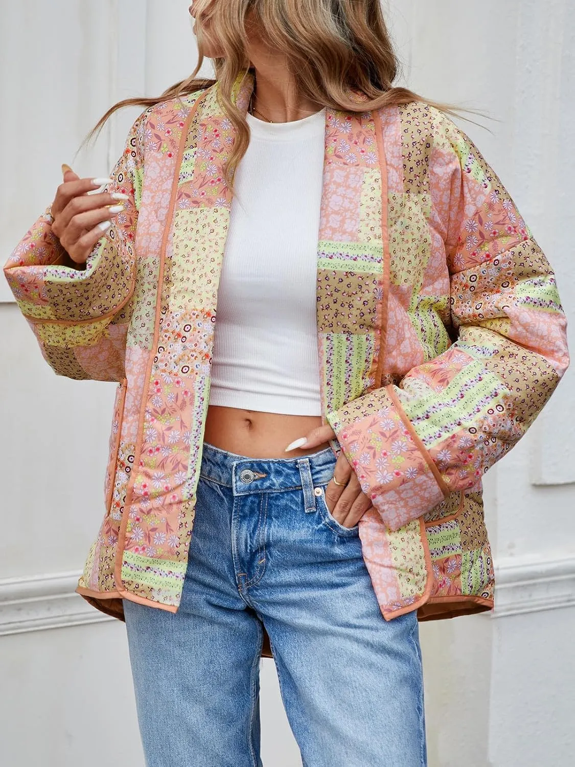 Tankaneo Womens Floral Patchwork Quilted Jacket Lightweight Cropped Open Front Puffer Coat Fall Oversized Short Outerwear