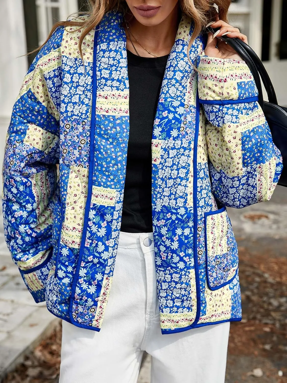 Tankaneo Womens Floral Patchwork Quilted Jacket Lightweight Cropped Open Front Puffer Coat Fall Oversized Short Outerwear