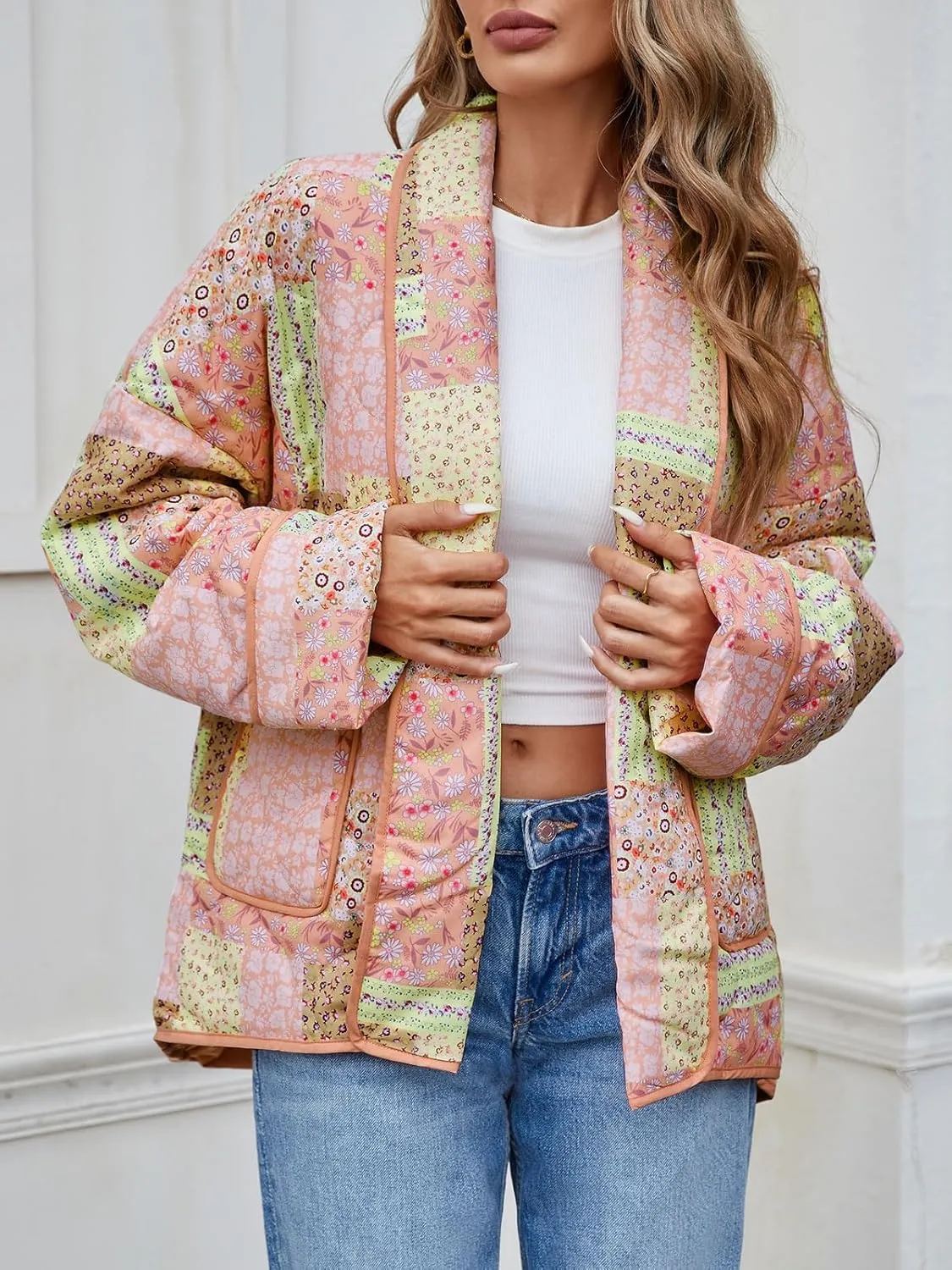 Tankaneo Womens Floral Patchwork Quilted Jacket Lightweight Cropped Open Front Puffer Coat Fall Oversized Short Outerwear