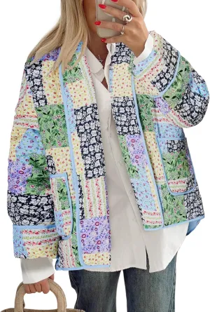 Tankaneo Womens Floral Patchwork Quilted Jacket Lightweight Cropped Open Front Puffer Coat Fall Oversized Short Outerwear