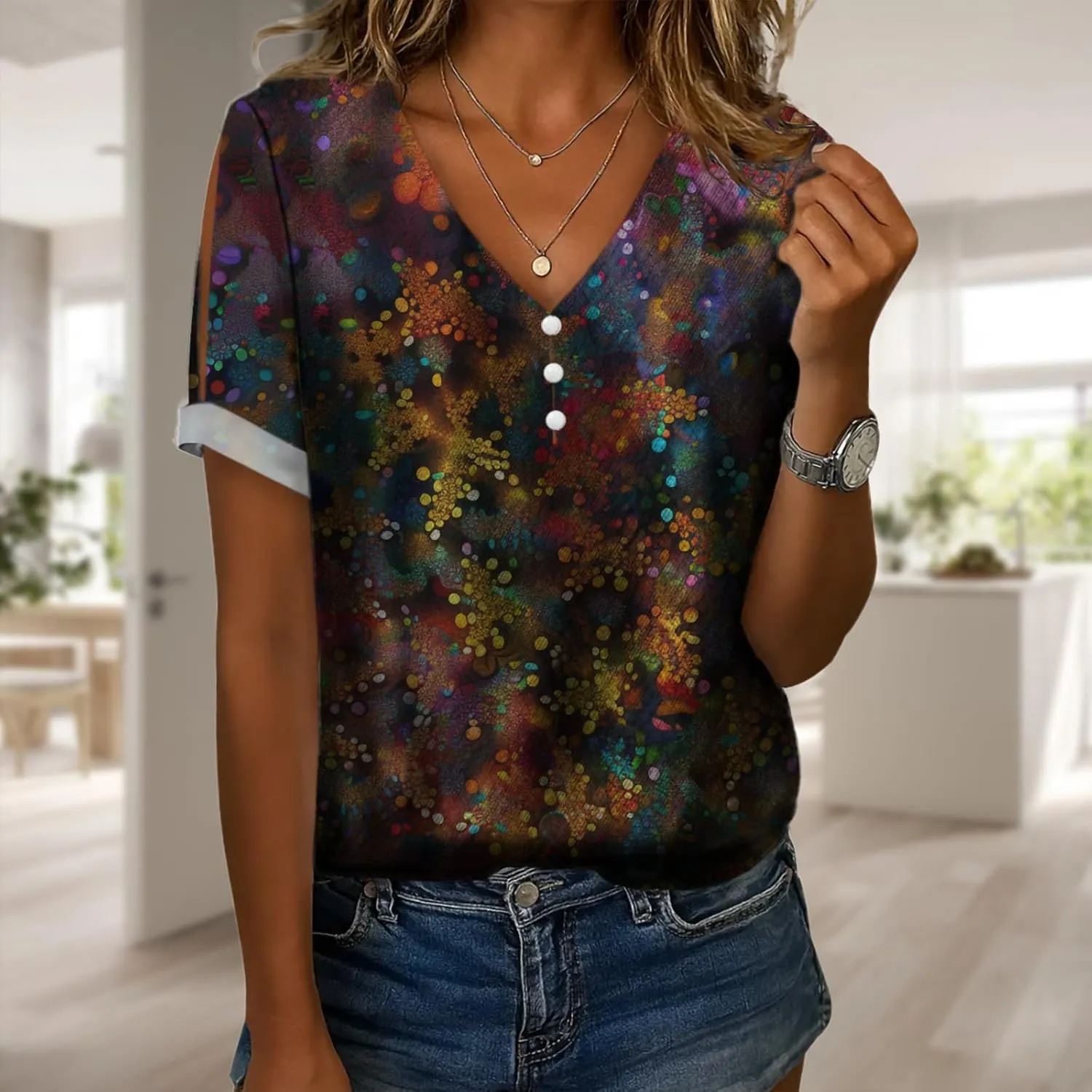 Trendy Shirts for Women Dressy Floral Short Sleeve V Neck Tunic Blouse Casual Loose Comfy Hawaiian Tops