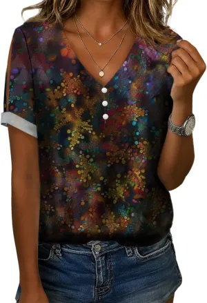 Trendy Shirts for Women Dressy Floral Short Sleeve V Neck Tunic Blouse Casual Loose Comfy Hawaiian Tops