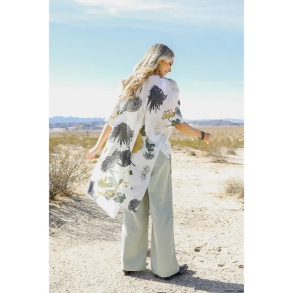 White Floral Flower Bohemian Print Motif Kimono Wrap Coverup Open Top Casual