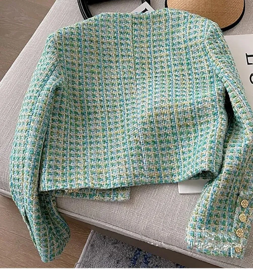 Woman Tweed Single-Breasted Cardigan Plaid Long Sleeve Cropped Jacket Outerwear Coat