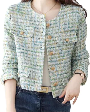 Woman Tweed Single-Breasted Cardigan Plaid Long Sleeve Cropped Jacket Outerwear Coat