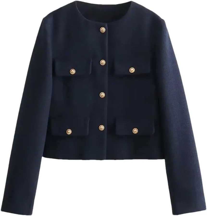 Women Cropped Bomber Jackets Coats Tweed Demi-Season Long Sleeve Outerwear