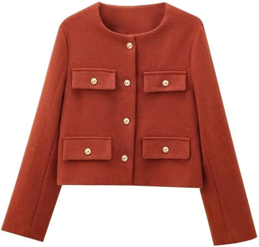 Women Cropped Bomber Jackets Coats Tweed Demi-Season Long Sleeve Outerwear