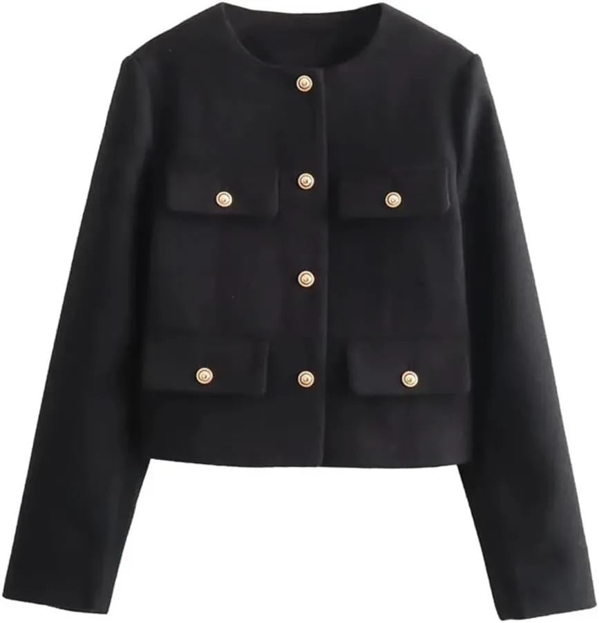 Women Cropped Bomber Jackets Coats Tweed Demi-Season Long Sleeve Outerwear