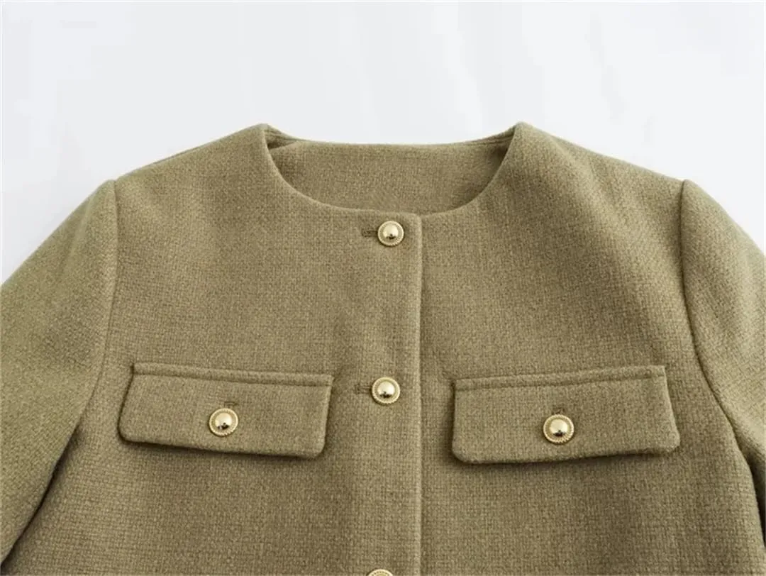 Women Cropped Bomber Jackets Coats Tweed Demi-Season Long Sleeve Outerwear