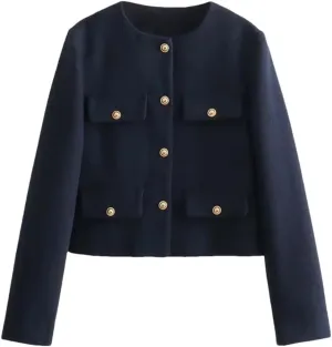 Women Cropped Bomber Jackets Coats Tweed Demi-Season Long Sleeve Outerwear