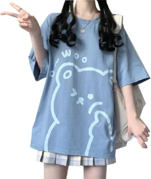 Women Kawaii Bear T-Shirt Cute Japanese Shirt Anime Graphic Tees Korean Preppy Short Sleece Oversized Clothes Tops