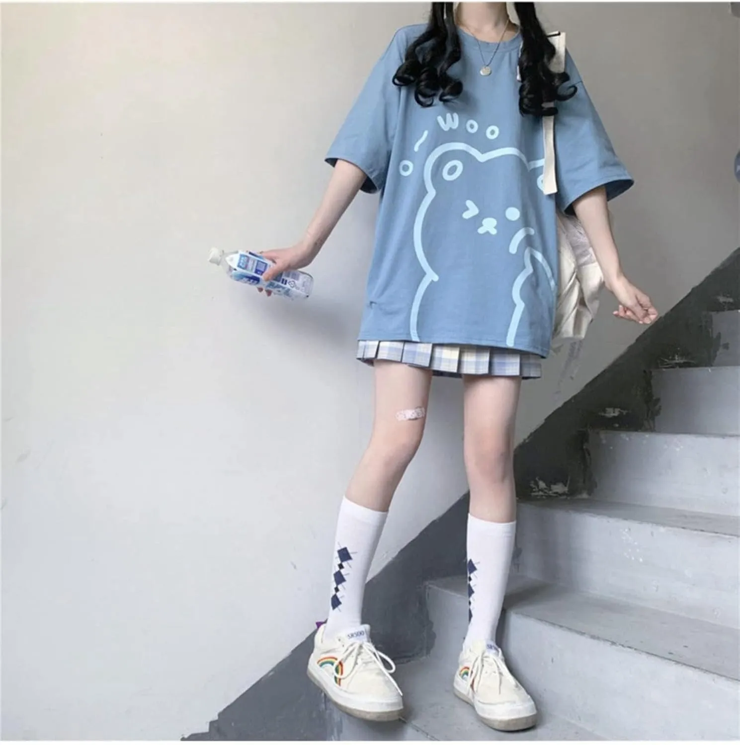 Women Kawaii Bear T-Shirt Cute Japanese Shirt Anime Graphic Tees Korean Preppy Short Sleece Oversized Clothes Tops