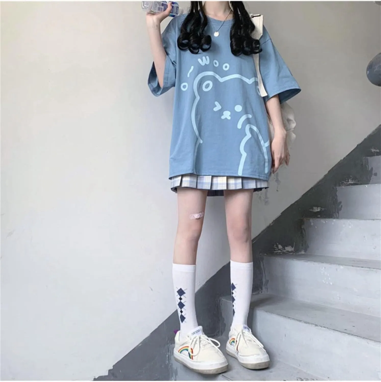 Women Kawaii Bear T-Shirt Cute Japanese Shirt Anime Graphic Tees Korean Preppy Short Sleece Oversized Clothes Tops