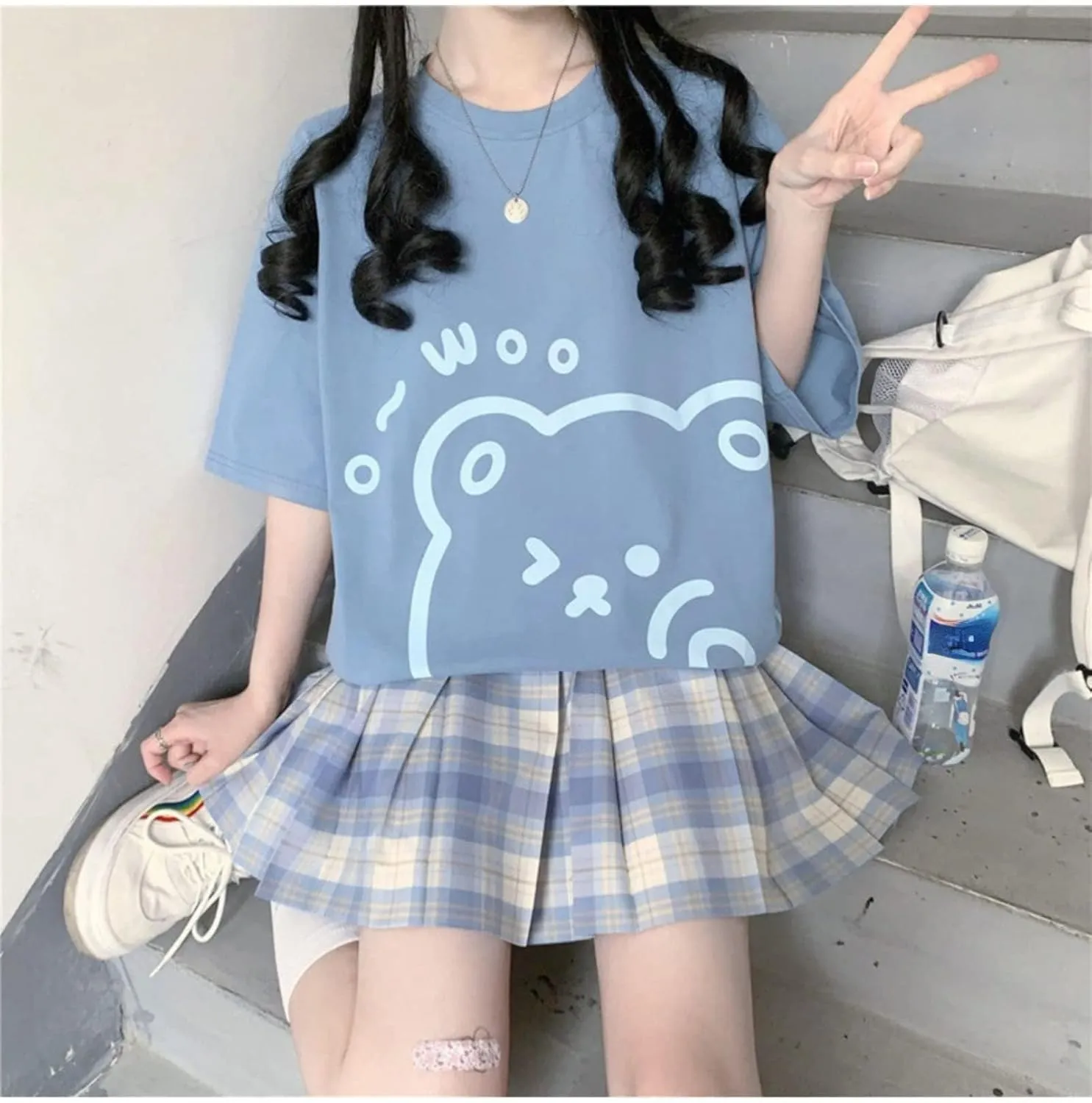 Women Kawaii Bear T-Shirt Cute Japanese Shirt Anime Graphic Tees Korean Preppy Short Sleece Oversized Clothes Tops
