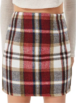Women's Casual High Waist Plaid Skirt Bodycon Pencil Wool Mini Skirts