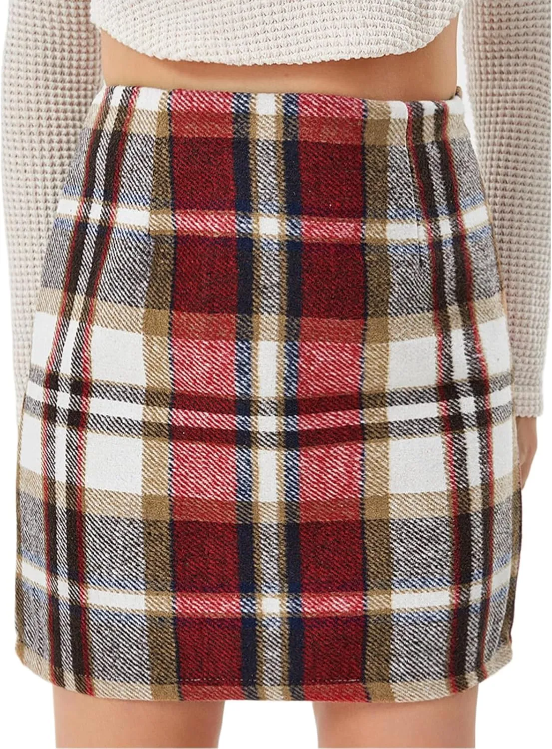 Women's Casual High Waist Plaid Skirt Bodycon Pencil Wool Mini Skirts