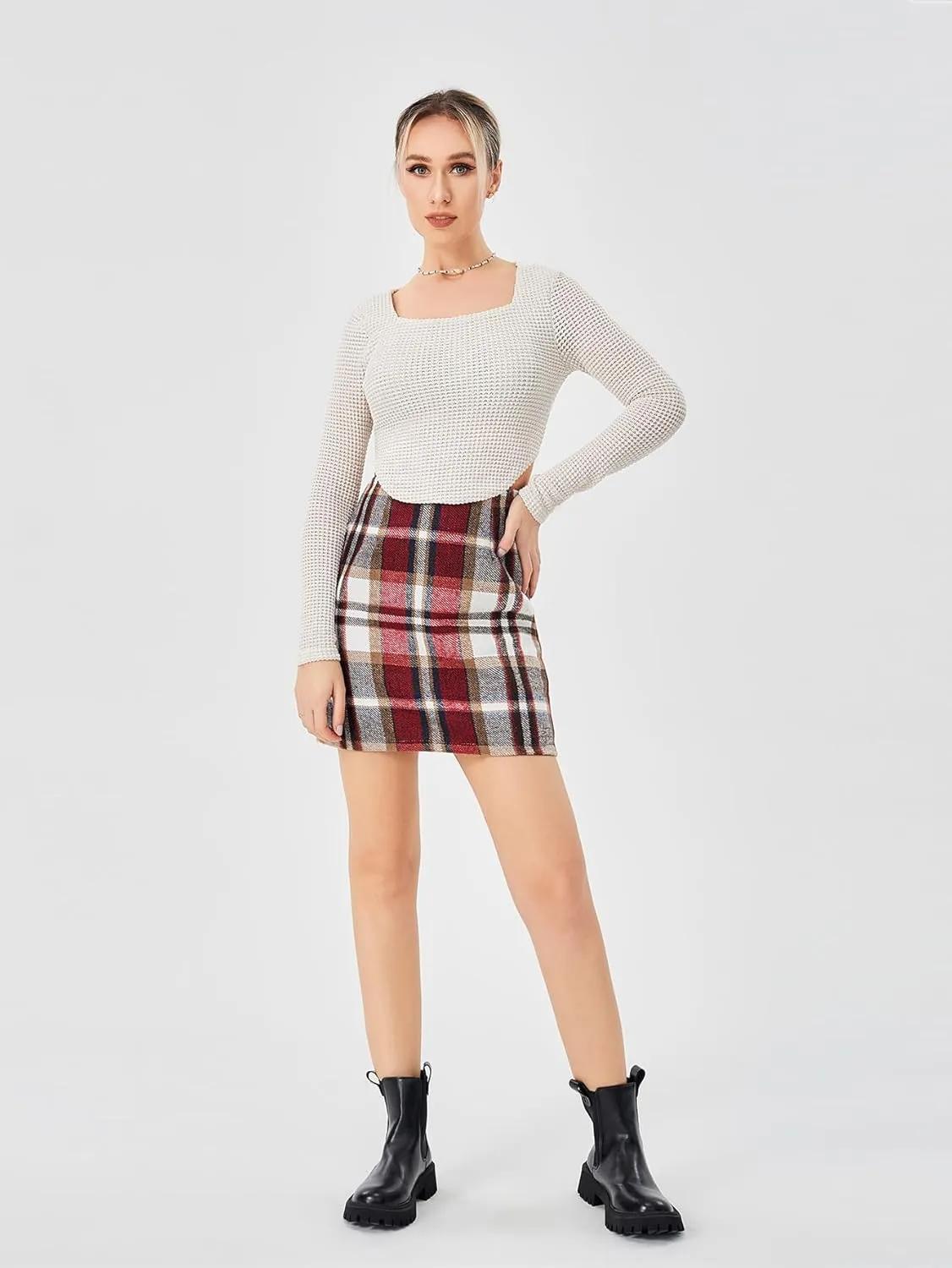 Women's Casual High Waist Plaid Skirt Bodycon Pencil Wool Mini Skirts